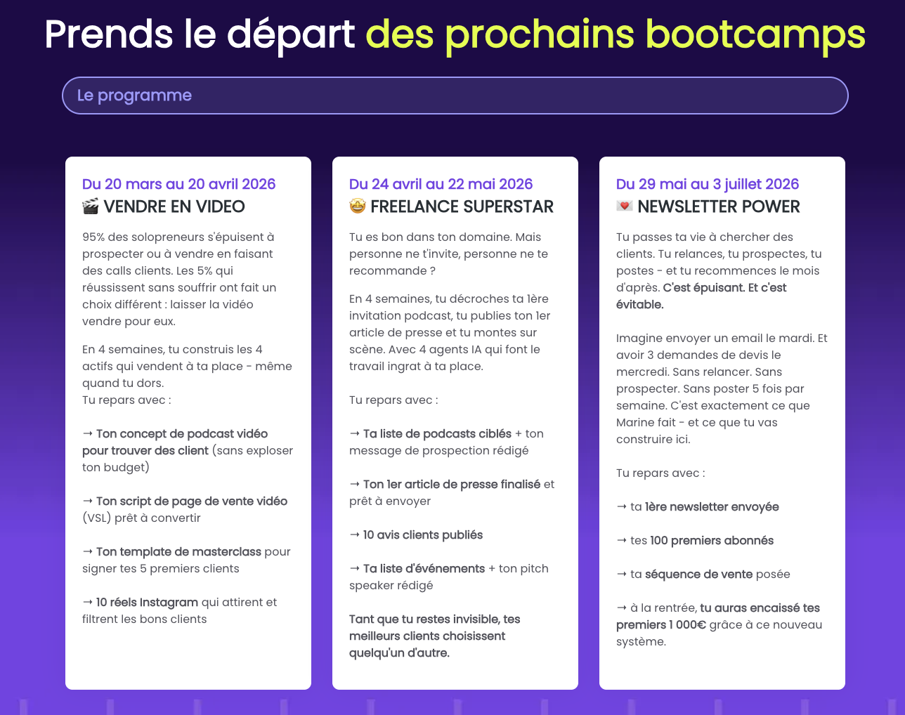 exemple de programme des bootcamps de l'incubateur solopreneur