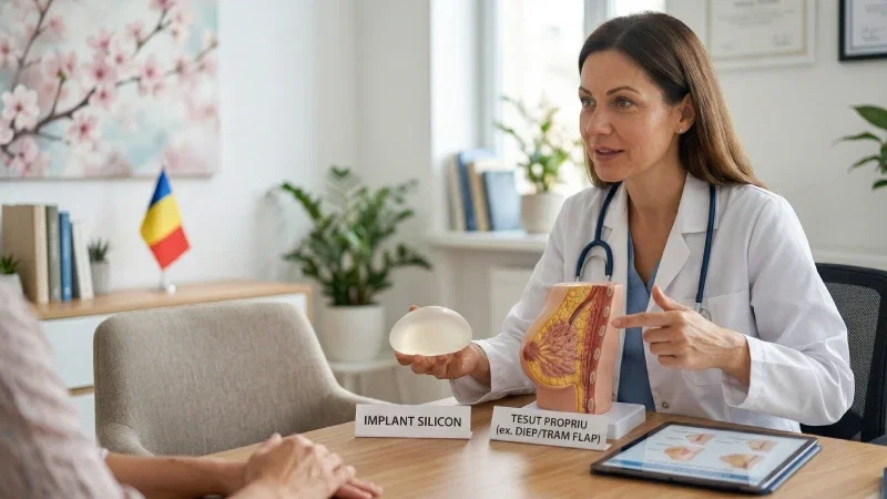 Medic chirurg estetician prezentând o simulare 3D sau un model medical al unui implant mamar și, în paralel, o vizualizare a unui lambou de țesut autolog (DIEP) într-o consultație cu o pacientă, păstrând contextul din România