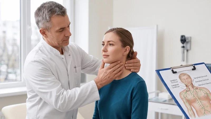 Medic examinând ganglionii limfatici cervicali în evaluarea unei adenopatii