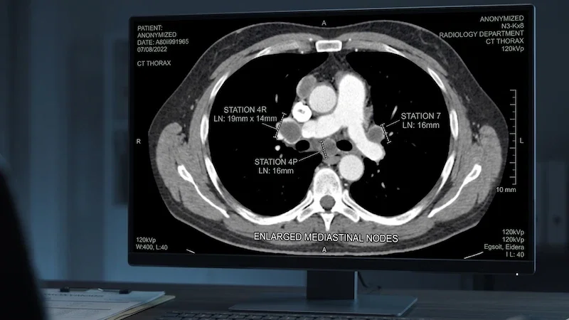 Tomografie computerizată care evidențiază ganglioni limfatici mediastinali măriți