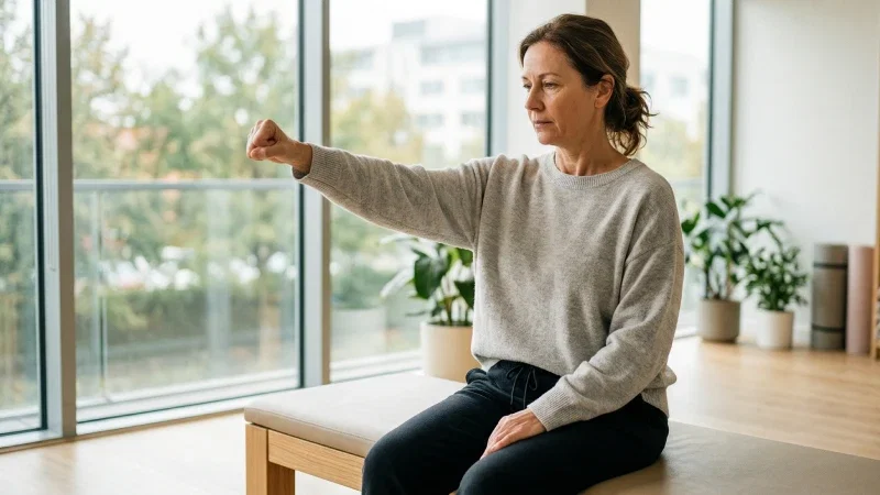 Femeie stând pe o bancă într-o cameră luminoasă, executând un exercițiu ușor de ridicare a brațului cu pumnul strâns, specific recuperării post-mastectomie.
