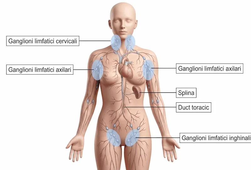 Ilustrație medicală cu localizarea ganglionilor limfatici cervicali, axilari și inghinali