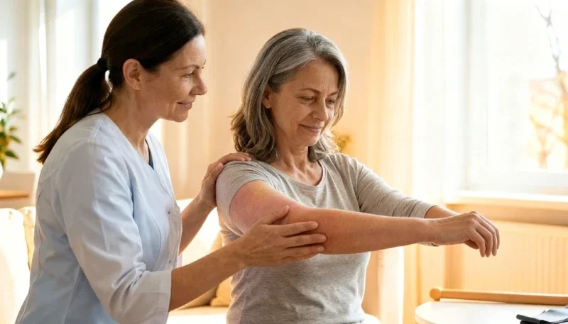 femeie in recuperare dupa mastectomie monitorizand limfedemul bratului alaturi de kinetoterapeut