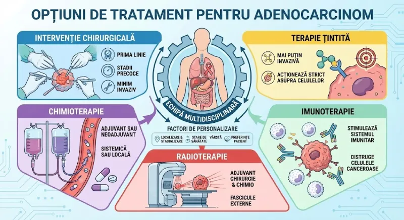 Schemă vizuală a tratamentelor personalizate pentru adenocarcinom (chirurgie, radio, chimio)