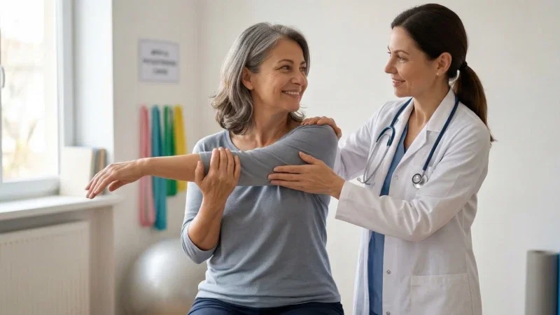 O pacientă de vârstă mijlocie cu părul grizonat execută o mișcare ușoară de mobilitate a brațului și umărului (exercițiu de recuperare) sub îndrumarea blândă și atentă a aceleiași doctorițe brunete (cu halat alb și stetoscop), într-o cameră luminată natural a unei clinici, ambele zâmbind. Păstrează realismul și contextul din România