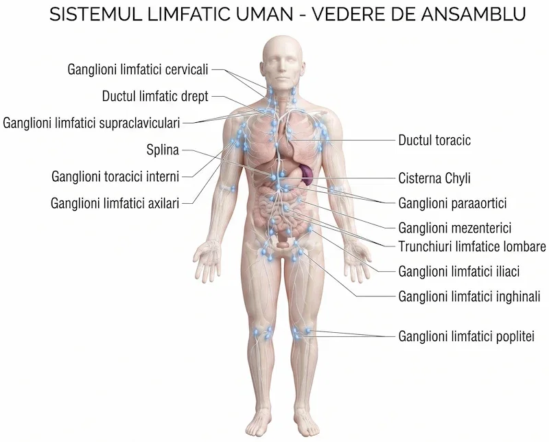 Ilustrație medicală a sistemului limfatic și a ganglionilor limfatici implicați în adenopatie