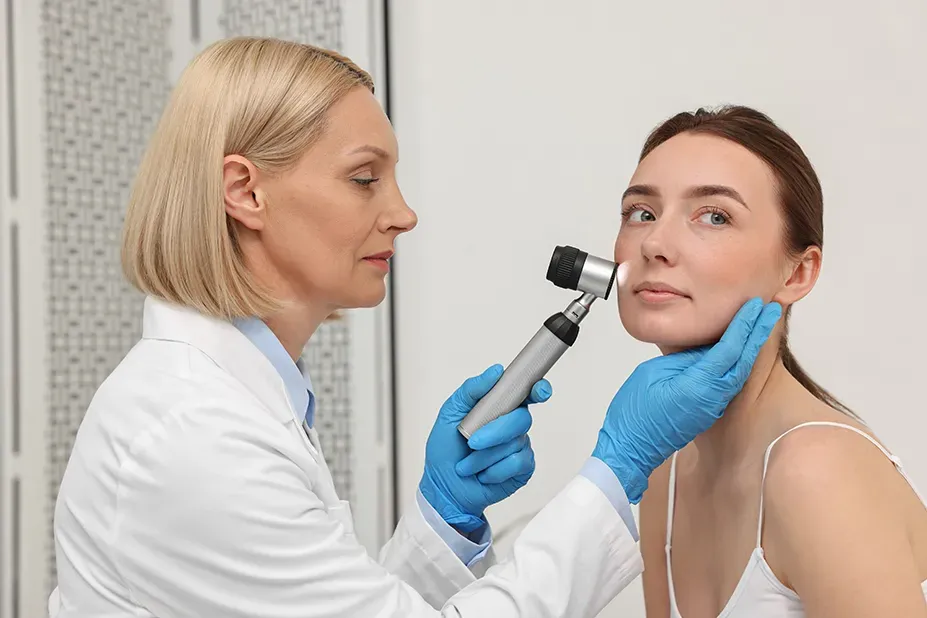 Dermatoscopie facială realizată de medic dermatolog pentru diagnosticarea carcinomului bazocelular