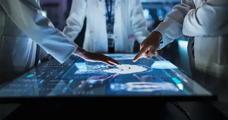 Echipa medicală analizează date imagistice și dosarul unui caz oncologic complex de sarcom uterin