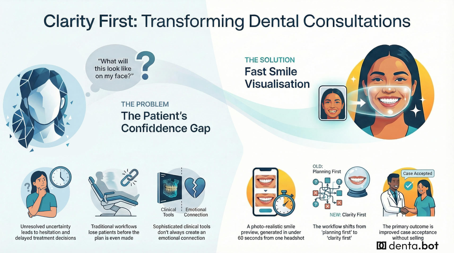 Infographic showing a clarity-first consultation flow that helps patients decide whether to proceed to records and treatment planning.