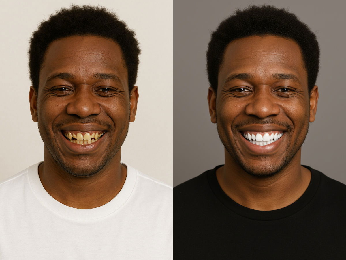 Before-and-after smile visualisation on the same face, showing improved tooth colour and alignment