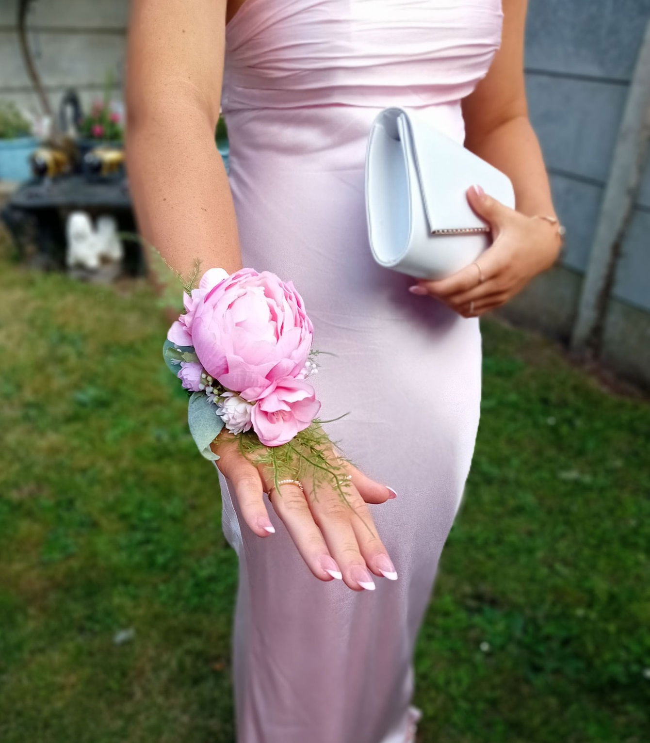 Pink Peony Debs Silk Flower Corsage on a Pearl Bracelet
