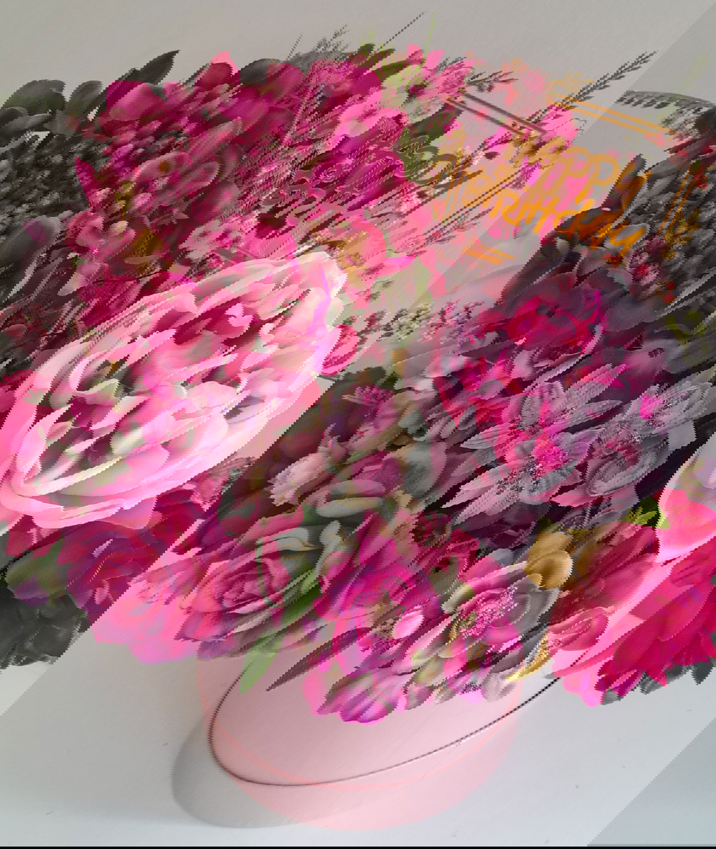 Birthday Artificial Flowers Hatbox Arrangement in Pink