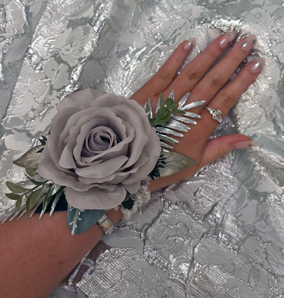 Silver Rose Debs Silk Flower Corsage on a Pearl Bracelet