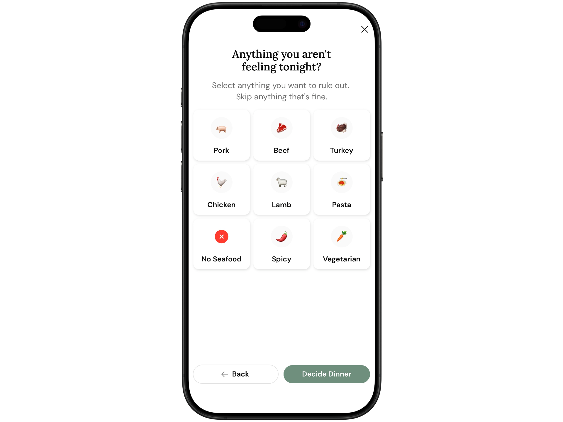 ThisDish app interface showing which foods can be excluded