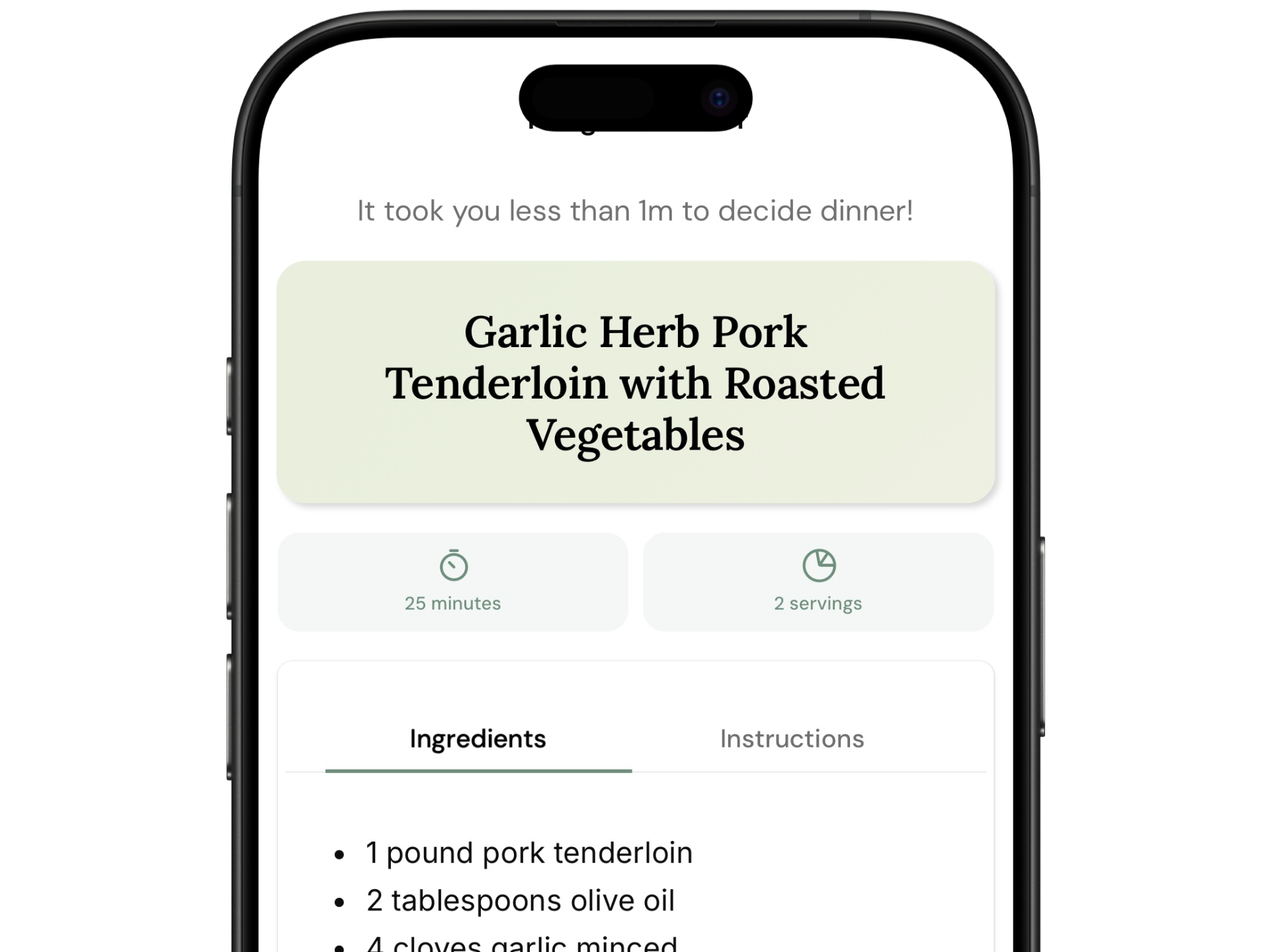 ThisDish app showing the recommended recipe based on users selections