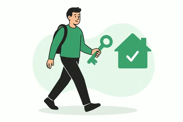 Illustration of a man holding a home with a checkmark symbol
