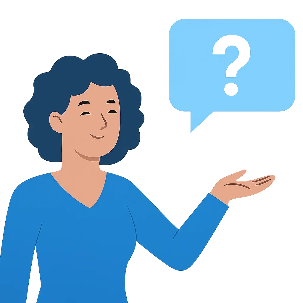 illustrated woman with question mark speech bubble, representing frequently asked questions