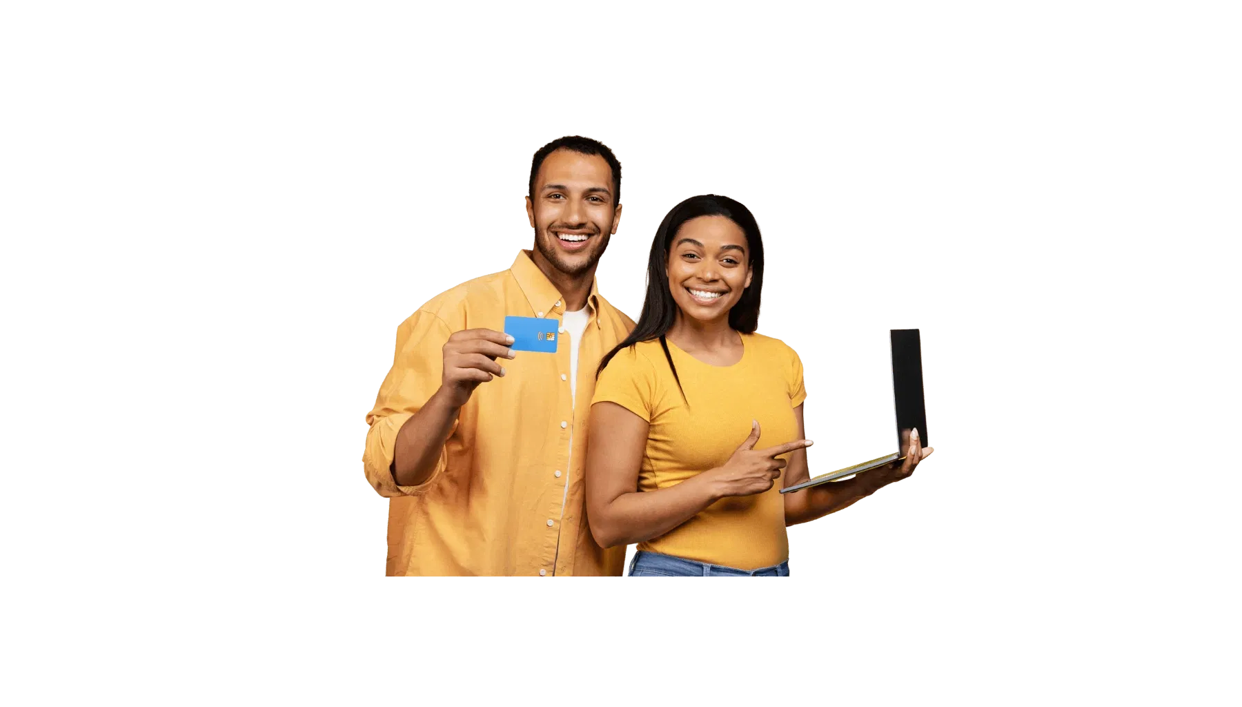 Man holding credit card and woman using laptop, representing credit repair and bussiness solutions