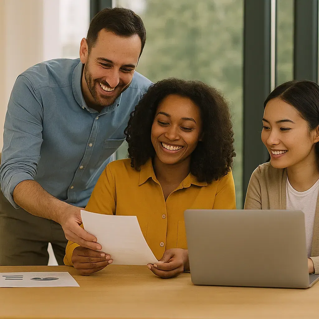 Team of professionals smiling while discussing business services around a laptop and documents