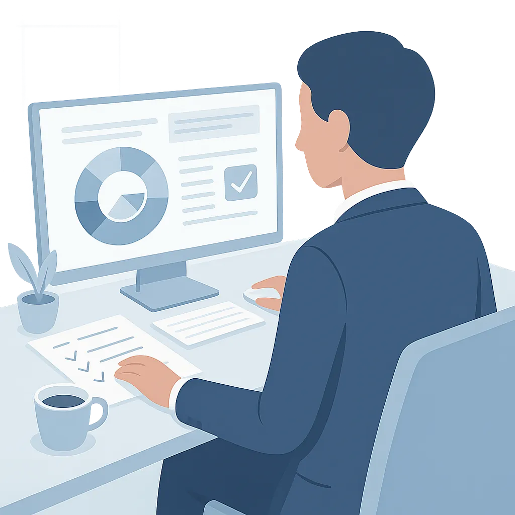 Illustrated man using computer to analyze credit report data