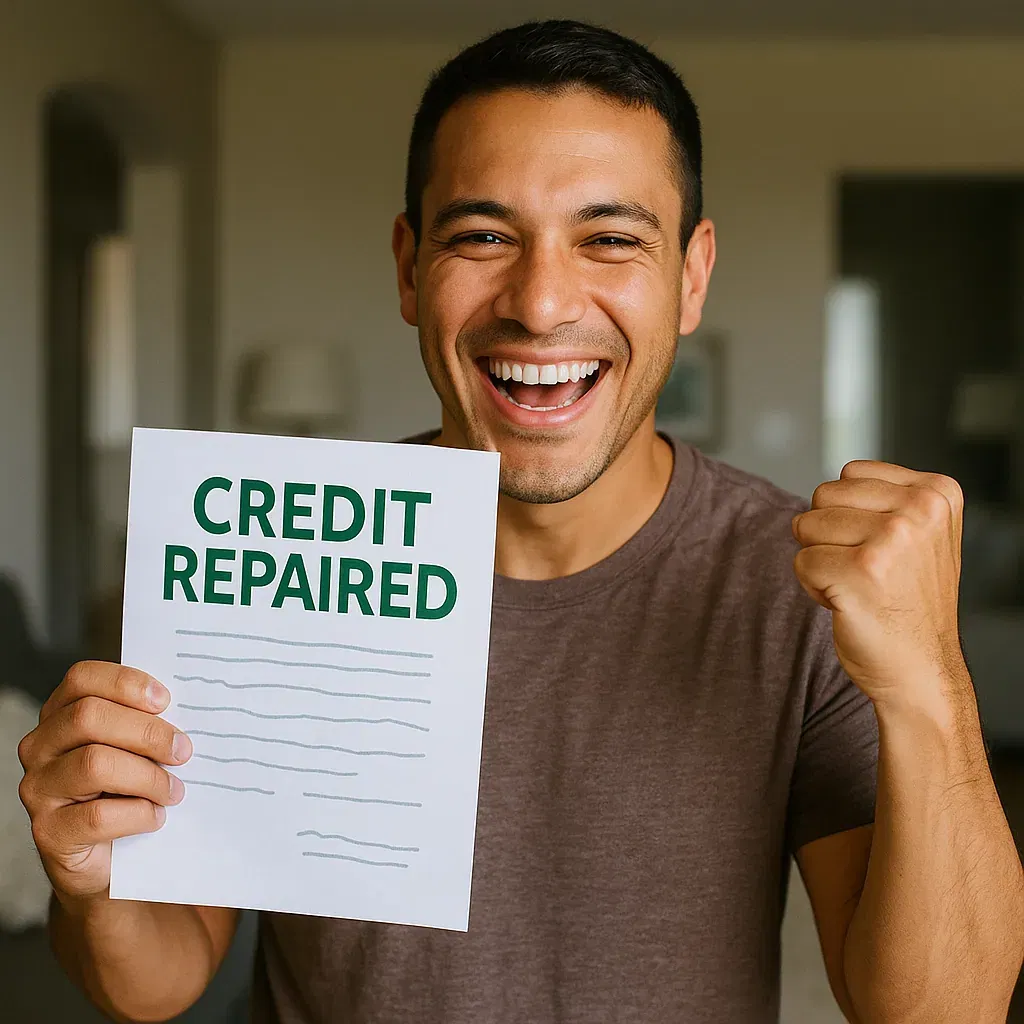 Happy man celebrating with 'credit repaired' letter in hand