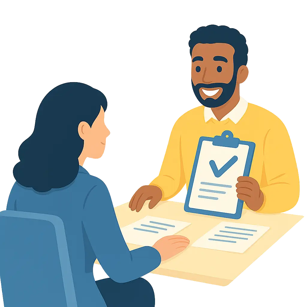 Illustrated man showing clipboard with checkmark to woman, representing successful credit repair