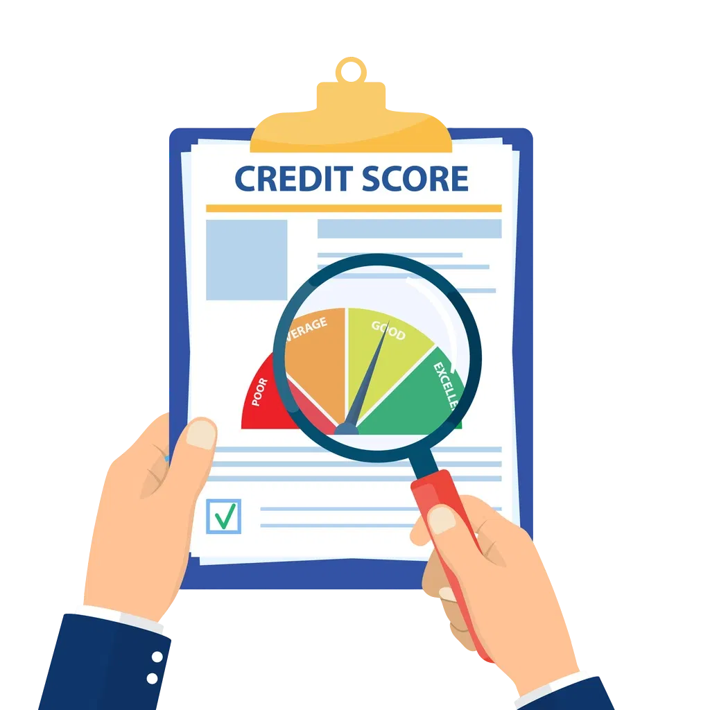 "Illustrated hands holding magnifying glass over credit report document