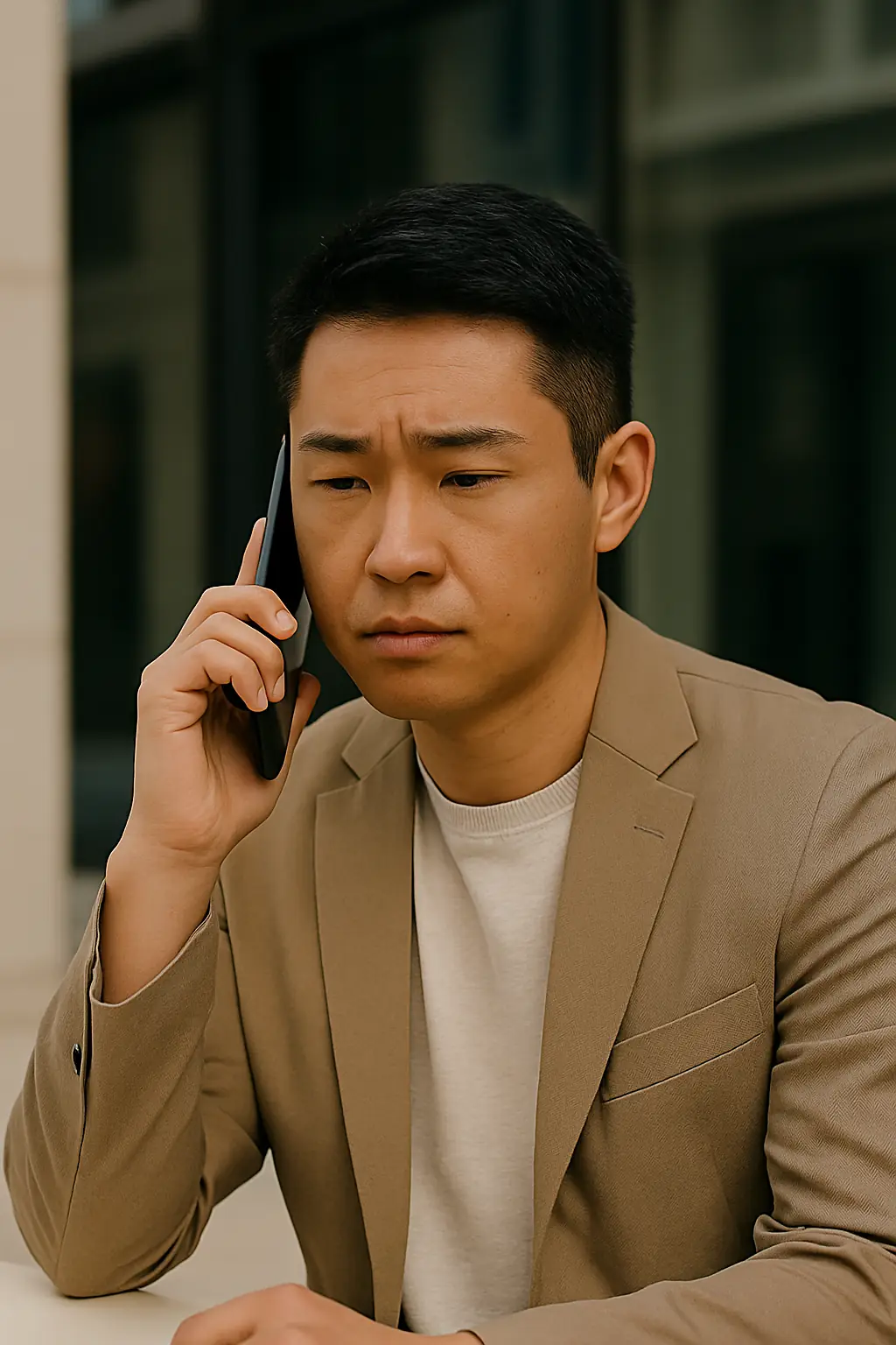 Frustrated man on phone, upset after job application rejection