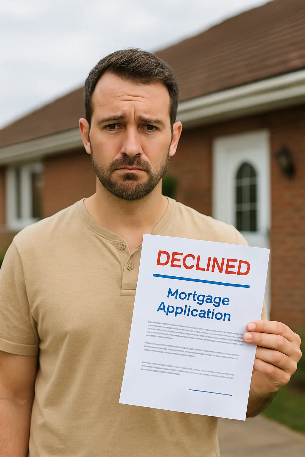 Disappointed man holding mortgage application marked 'declined