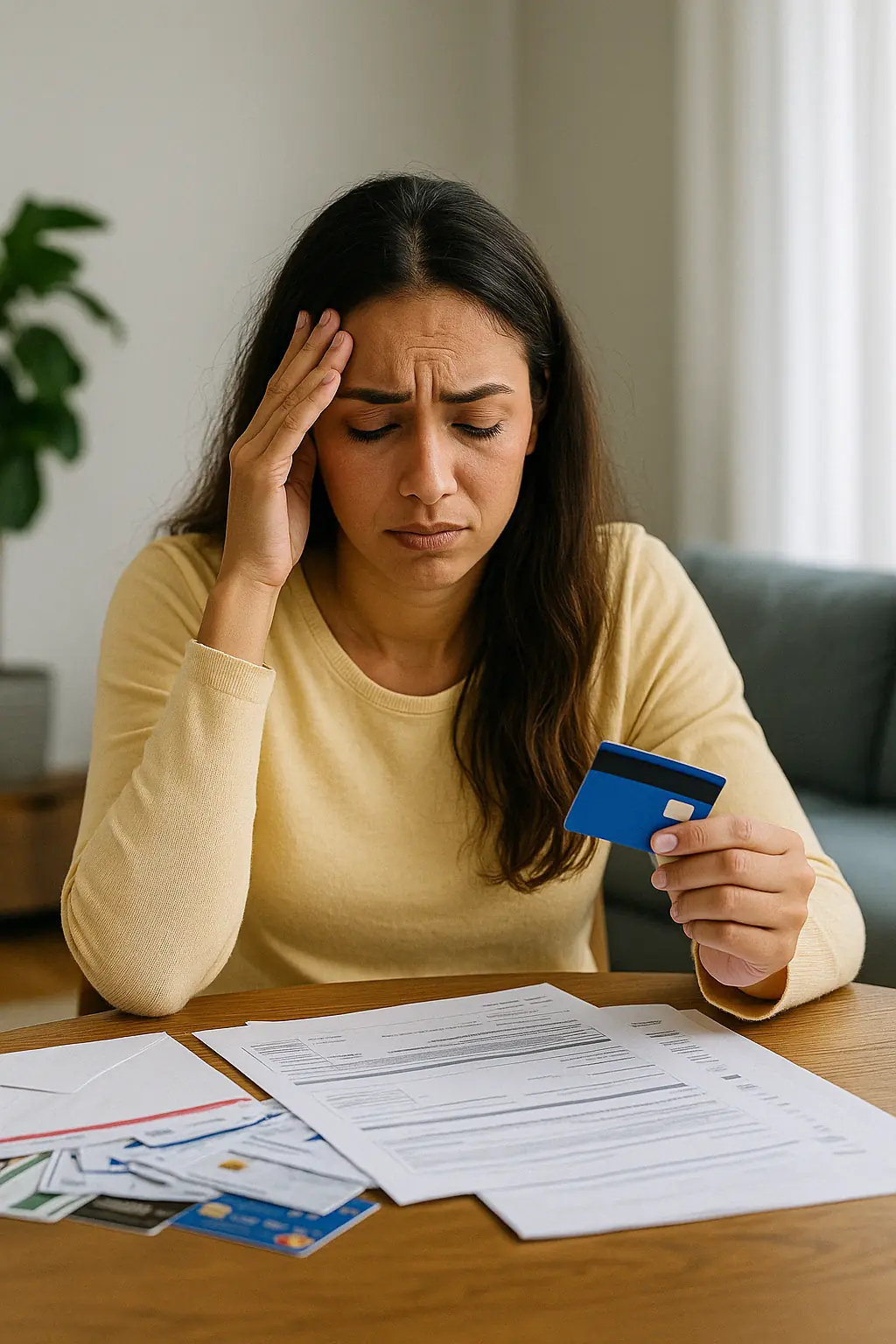 Woman looking stressed while holding a credit card and reviewing bills on a table