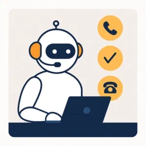 Cartoon robot with headset sitting at a laptop, surrounded by phone and tick icons, representing an AI call bot for builders’ inbound and outbound call handling.