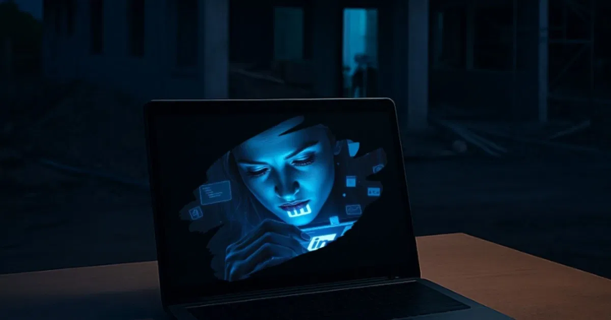 Laptop on desk at night showing AI video avatar on screen, with a house under construction in the background
