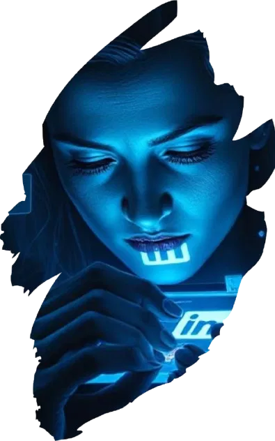 AI-powered female avatar glowing in blue light, interacting with virtual controls on a transparent interface
