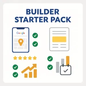Grid of icons showing Google location pin, reviews, chart growth, calendar, and checklist, representing the essential elements of the Builder Starter Pack including GBP, SEO, and lead tracking.