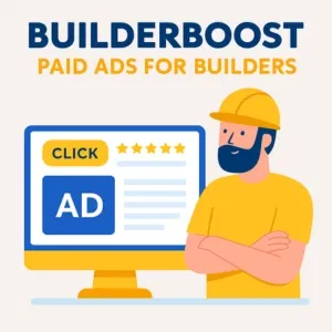 Builder with beard and yellow helmet standing confidently next to a computer screen displaying a pay-per-click ad, stars, and the word ‘CLICK’, representing BuilderBoost paid ads for builders.