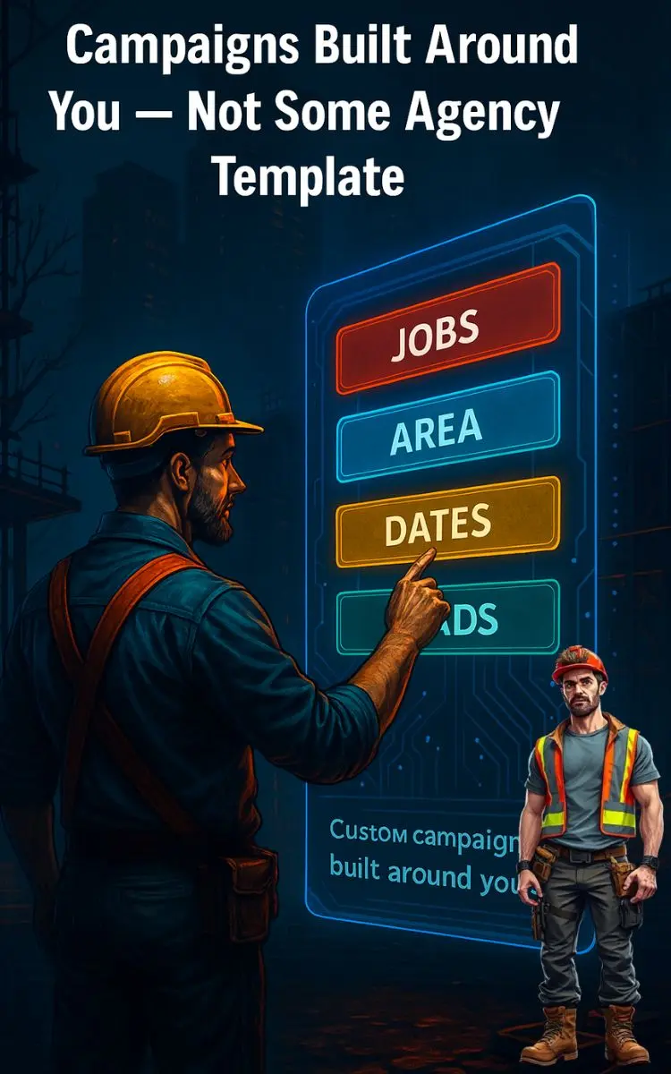 Builder interacting with a glowing holographic control panel at a futuristic construction site, selecting campaign options like jobs, area, dates, and ads, with a cyberpunk city backdrop.