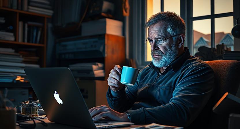 Builder looking intently at laptop drinking a brew
