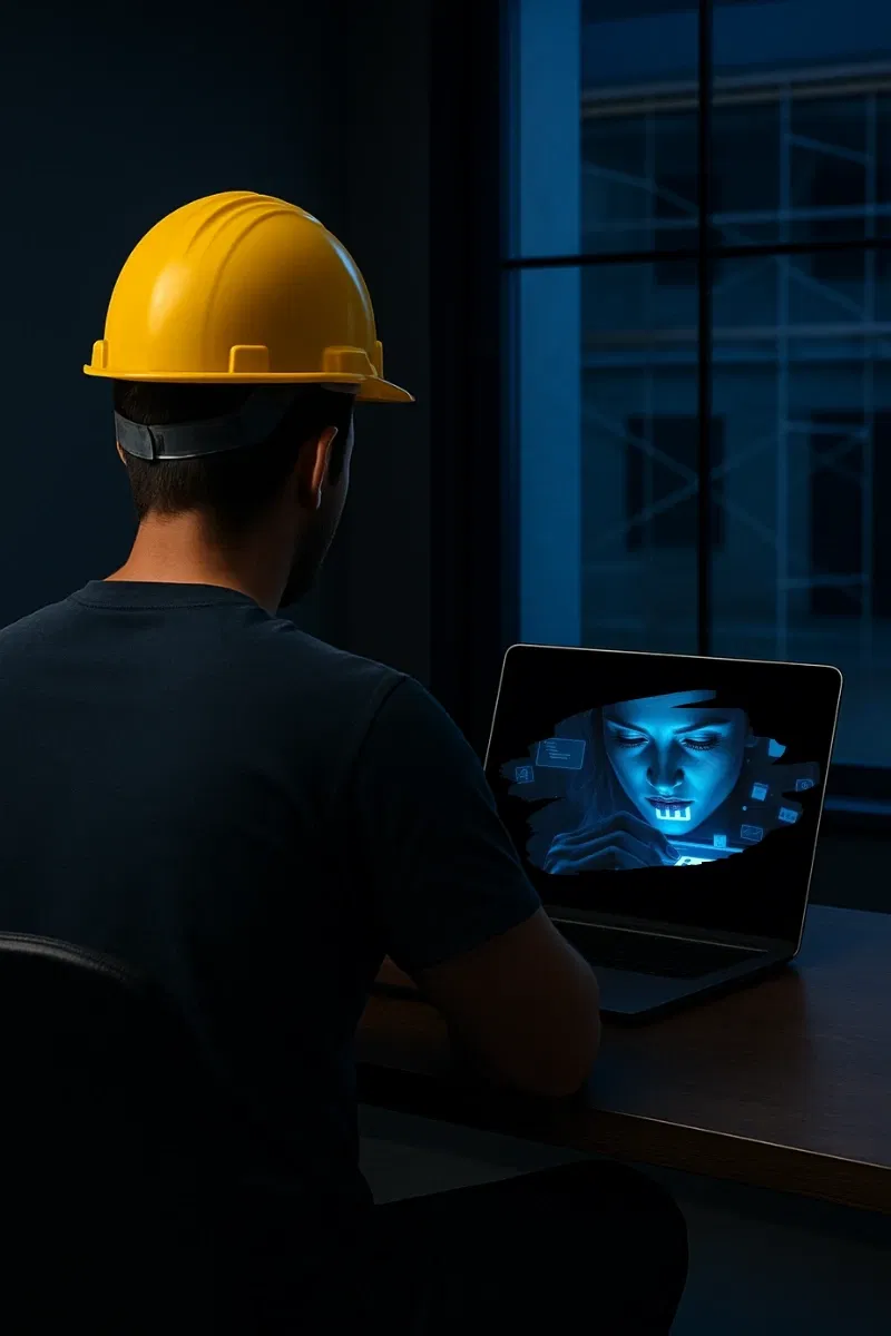 Builder in a hard hat watching his ai assitant working on his website.