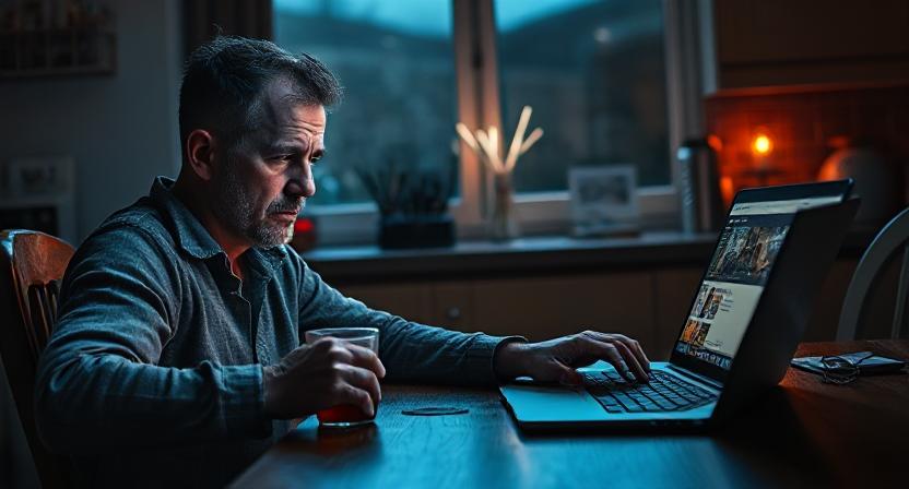 Builder checking laptop on kitchen table