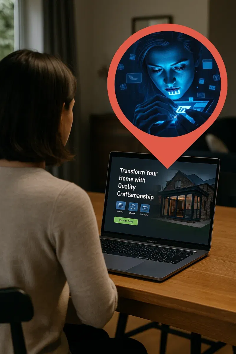 Woman sitting at dining table viewing a builder’s website on a laptop, with a pop-out showing Aura AI avatar overlayed as part of the site experience