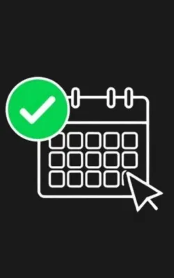 Flat vector icon of a calendar with a green checkmark and cursor arrow, representing website quote booking for builders