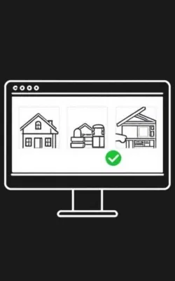 Flat vector icon of a website displaying a grid of construction project photos, with one image highlighted by a green checkmark