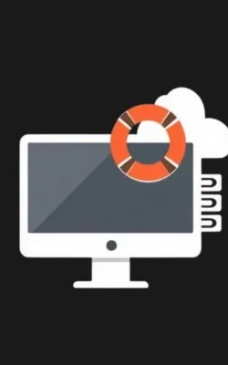 Flat vector icon of a desktop monitor with a lifebuoy and server stack, representing hosting and support for builder websites