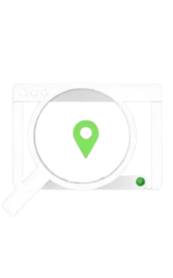 Flat vector icon of a browser with a magnifying glass and green location pin, symbolising local SEO for builders