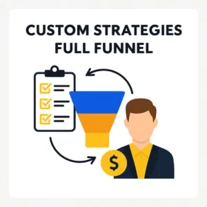 Infographic showing custom marketing strategies and a full funnel process with a checklist, layered funnel icon, dollar coin, and a businessperson — all connected with arrows, on a white background with grey border.