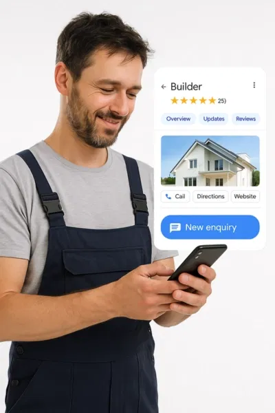UK builder checking Google Business Profile reviews on smartphone with visible 5-star rating and new enquiry alert.