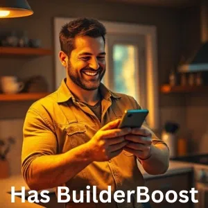 A jubilant builder stands in his cozy kitchen, looking at his phone , text "Has BuilderBoost"