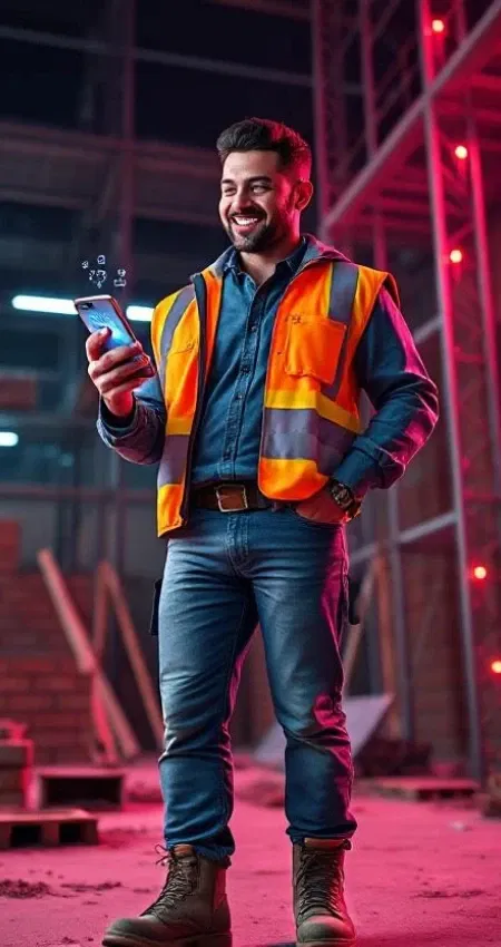 Smiling builder in hi-vis vest standing on-site, checking social media for stats on his phone with digital icons floating above the screenbuilders 