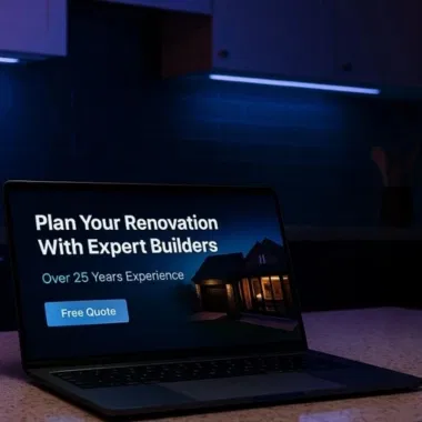 Laptop on kitchen counter showing builder website example