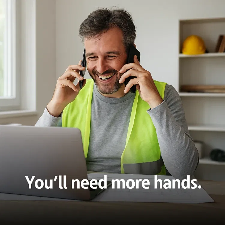 Busy builder answering two phones while smiling at laptop, multitasking with confidence — symbolising the lead surge from SEO for builders.